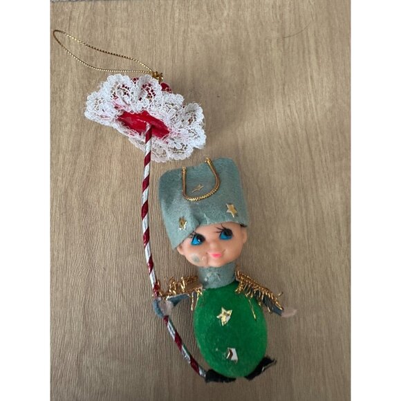 Vintage NAPCO Pixie Boy Christmas Ornament Holding Candy Cane Umbrella Green & R - Picture 2 of 10